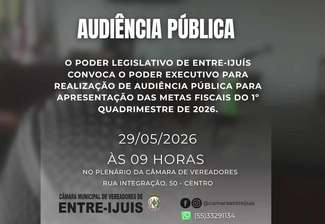 Poder Legislativo de Entre-Ijuís convoca Executivo para Audiência Pública sobre metas fiscais